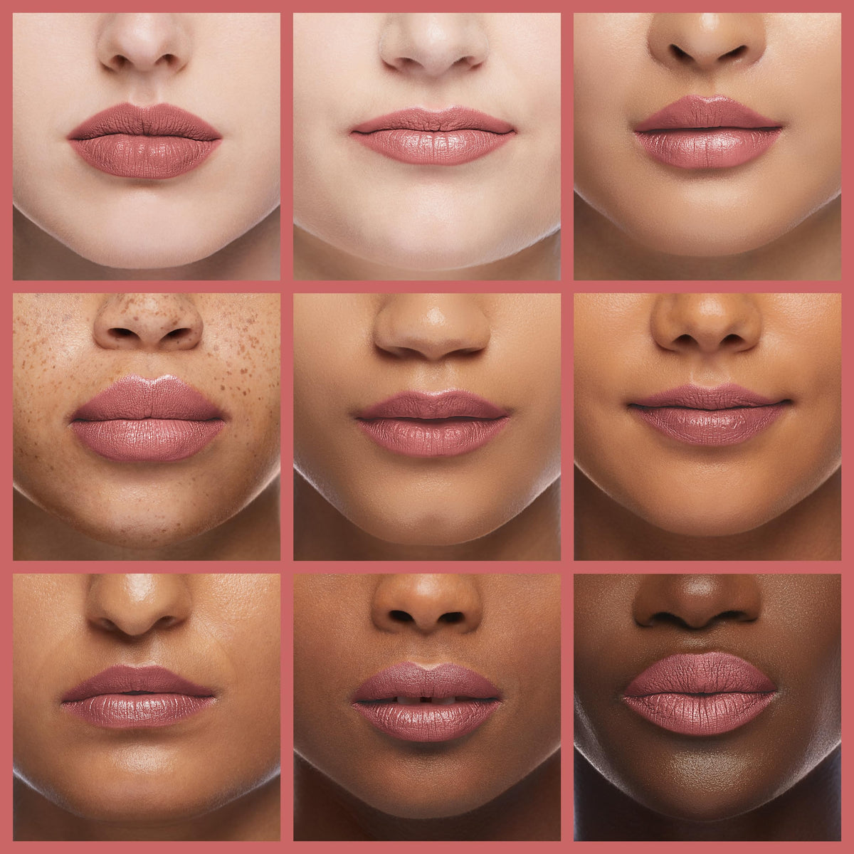 Lips wearing Champagne lipstick show pearlescent finish and comfortable hydration.