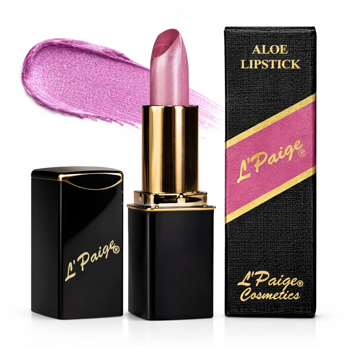L'Paige Grape Ice lipstick swatch highlights iridescent lavender shimmer.