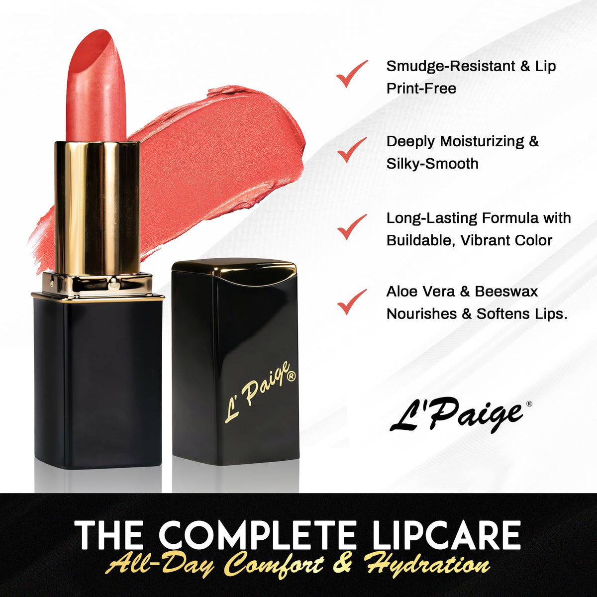Moisturizing formula with aloe vera keeps lips soft during wear.
