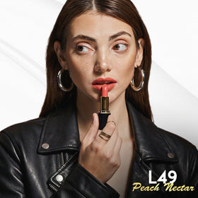 L’Paige Peach Nectar on lips demonstrates satin finish with comfortable moisture.
