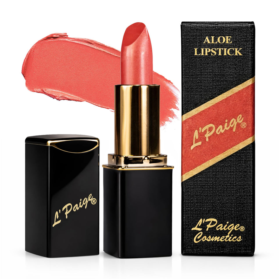 L’Paige Peach Nectar lipstick swatch shows warm peach coral for everyday brightness.