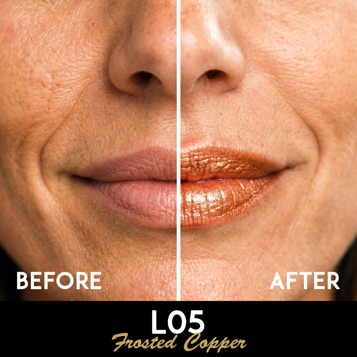 L’Paige Frosted Copper Lipstick L05 application close-up highlights hydrating color.