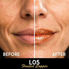 L’Paige Frosted Copper Lipstick L05 application close-up highlights hydrating color.