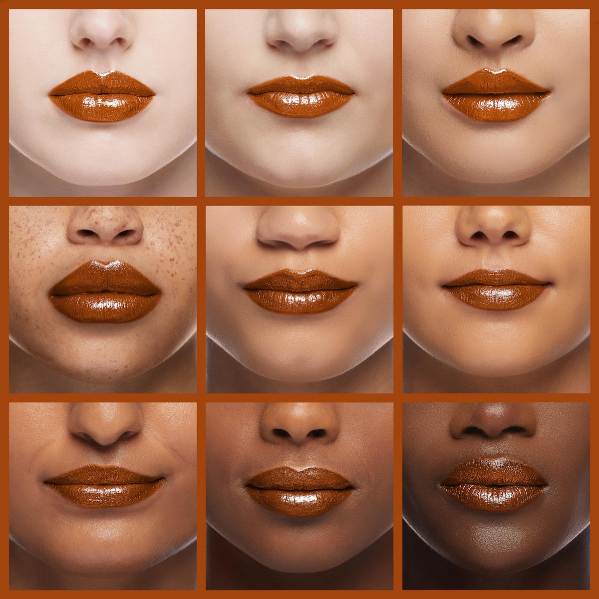 L’Paige Frosted Copper Lipstick L05 on lips displaying buildable glow.