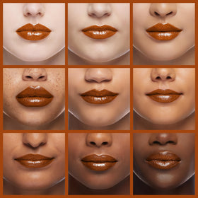 L’Paige Frosted Copper Lipstick L05 on lips displaying buildable glow.