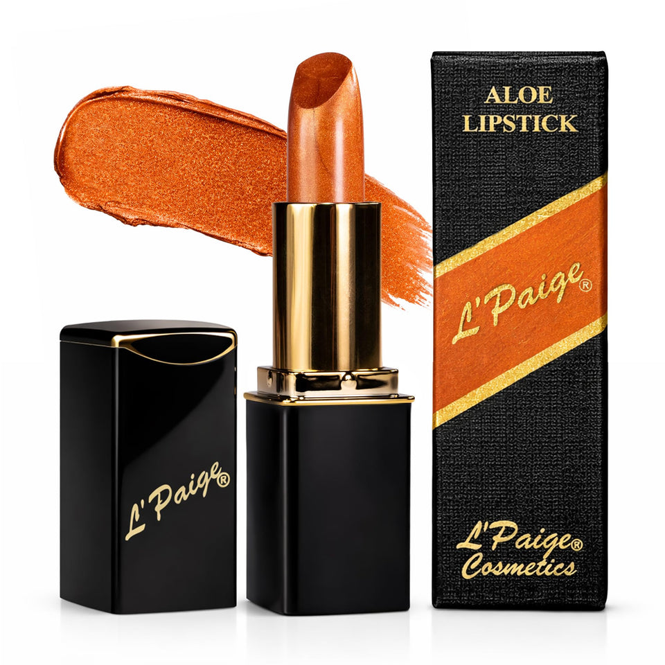 L’Paige Frosted Copper Lipstick L05 swatch shows warm metallic shimmer for everyday glam.