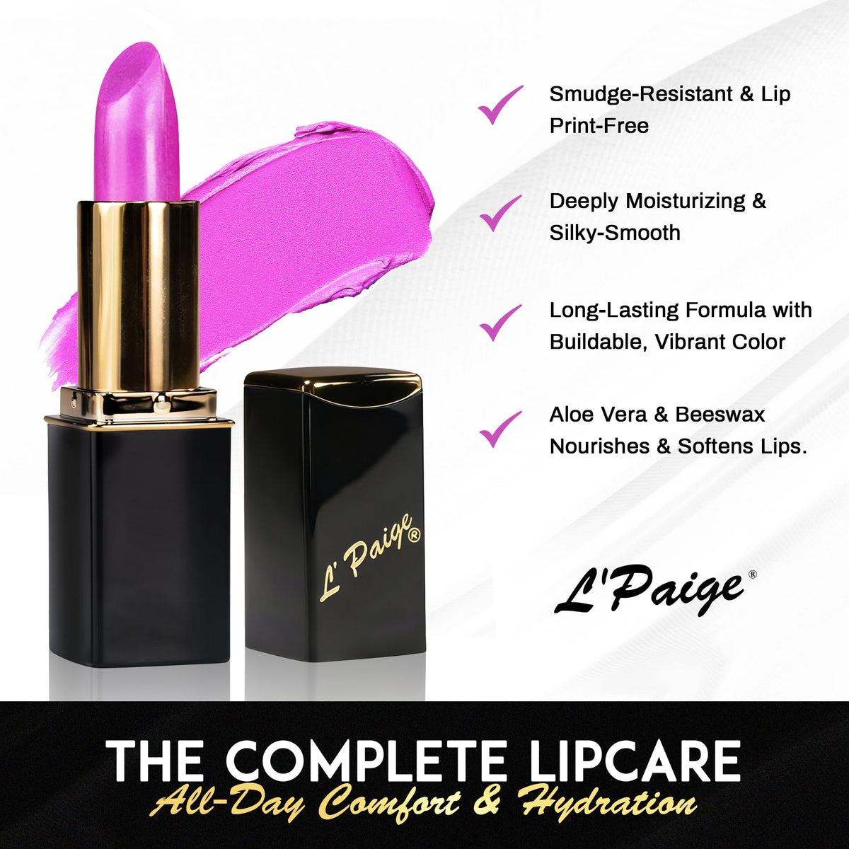 L'Paige L21 lip application displays bold, glossy lips.