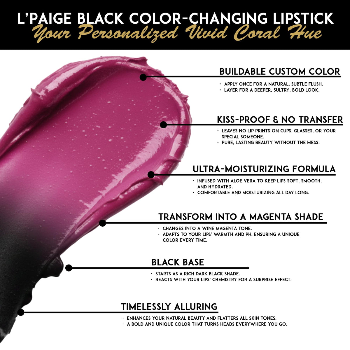 L'Paige LBK aloe vera-infused lipstick hydrates lips.
