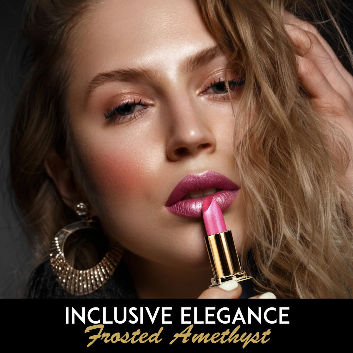 L’Paige Frosted Amethyst lipstick application on lips shows smooth glide and hydration.