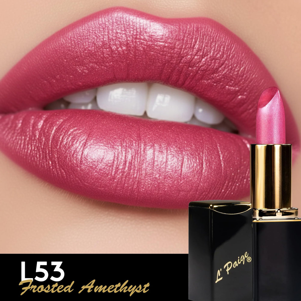 L’Paige bottle detail captures shimmer and premium look.