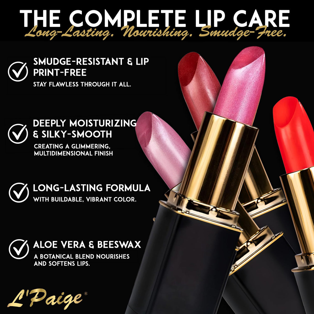 L’Paige Frosted Amethyst close-up highlights long-lasting color on lips.