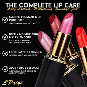 L’Paige Frosted Amethyst close-up highlights long-lasting color on lips.