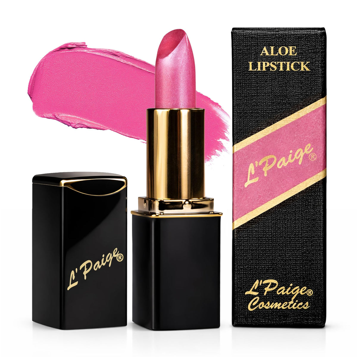 L’Paige Frosted Amethyst lipstick swatch reveals cool berry pink shimmer.