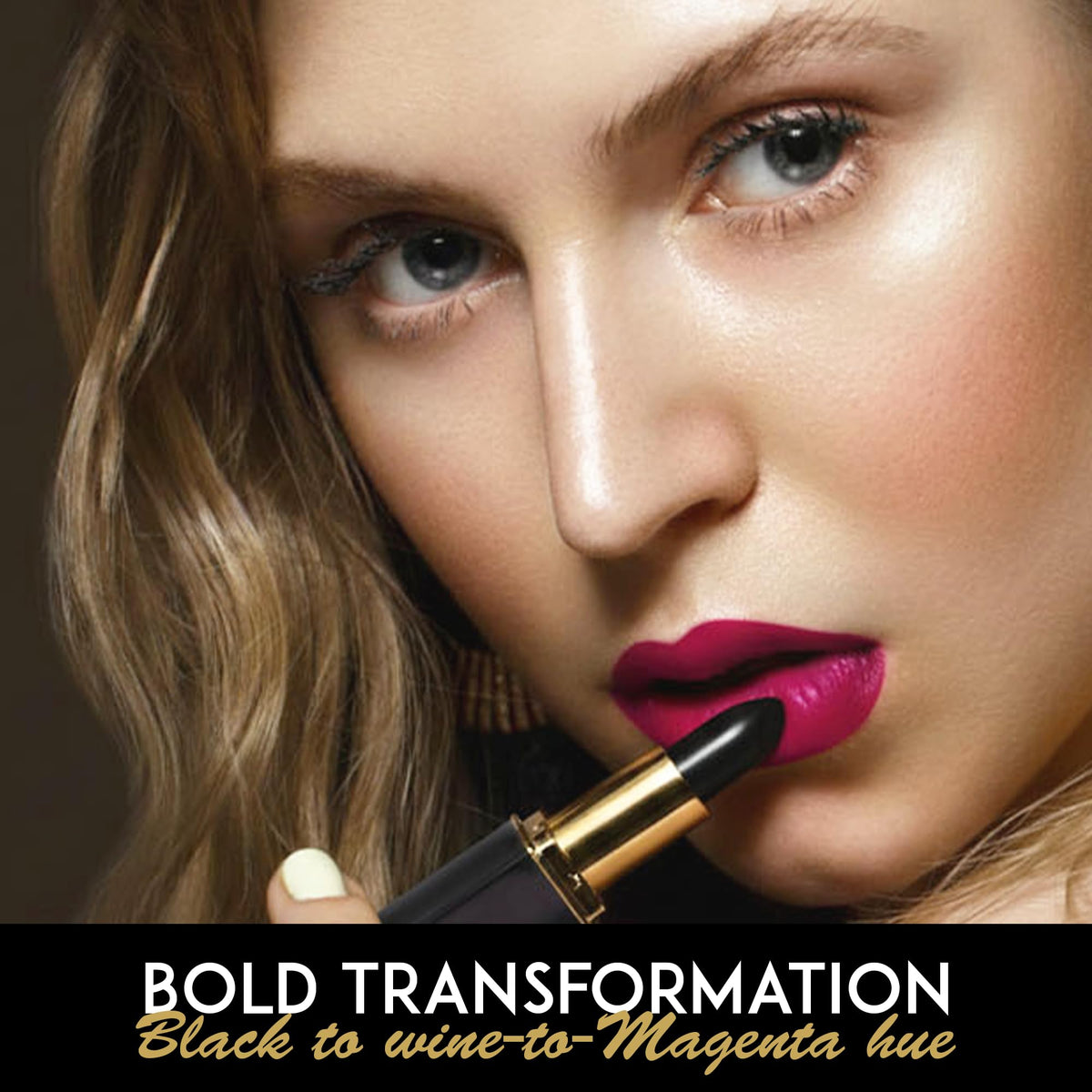 L'Paige LBK color-changing lipstick revealing magenta on lips.