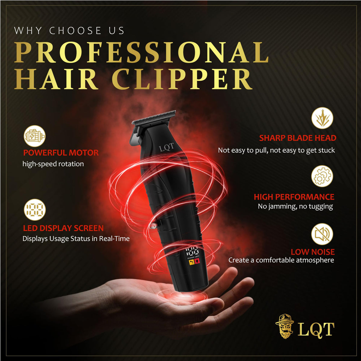 LQT 902 includes precision attachments for mustache detailing and shaping
