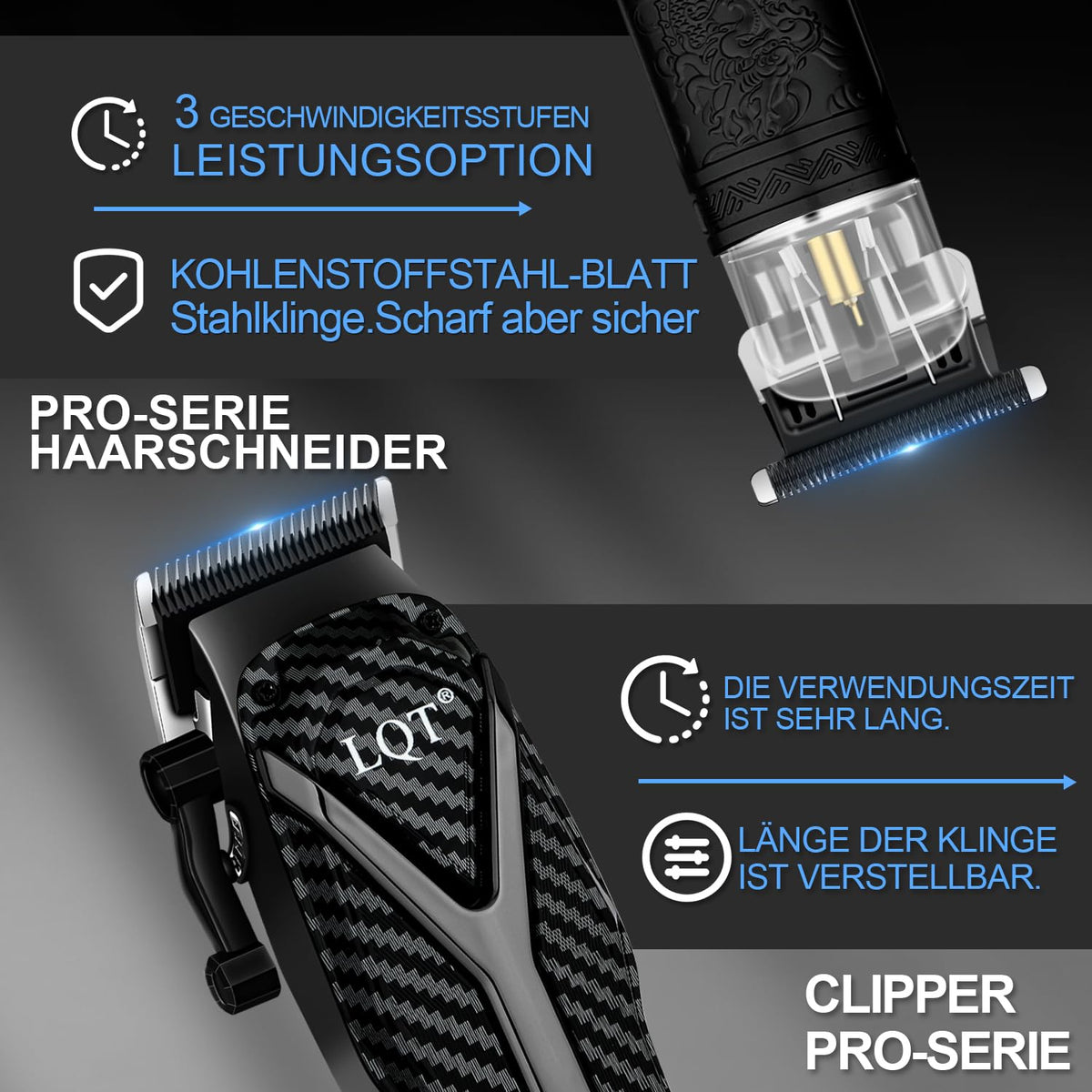 LQT Hair Clippers cordless design for easy styling anywhere.