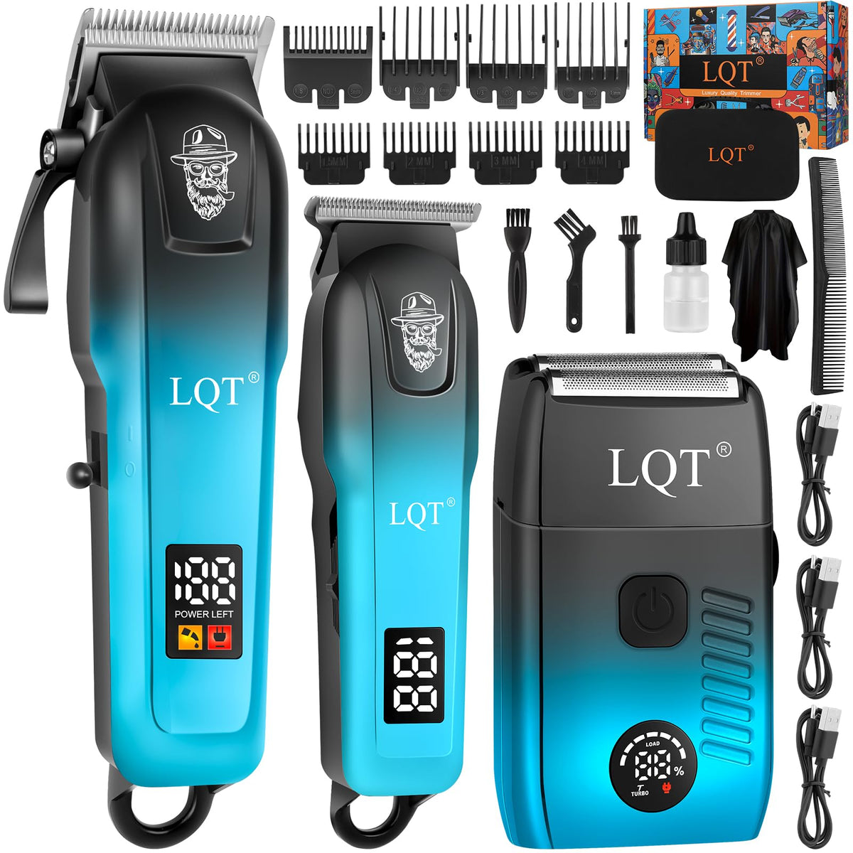 LQT hair clippers for men set with multiple attachments for professional grooming at home.