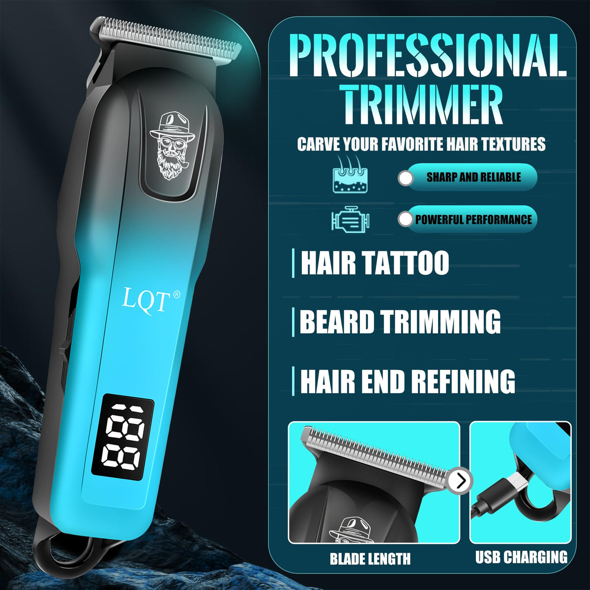 LQT LED display on clippers shows battery status for reliable cordless use.