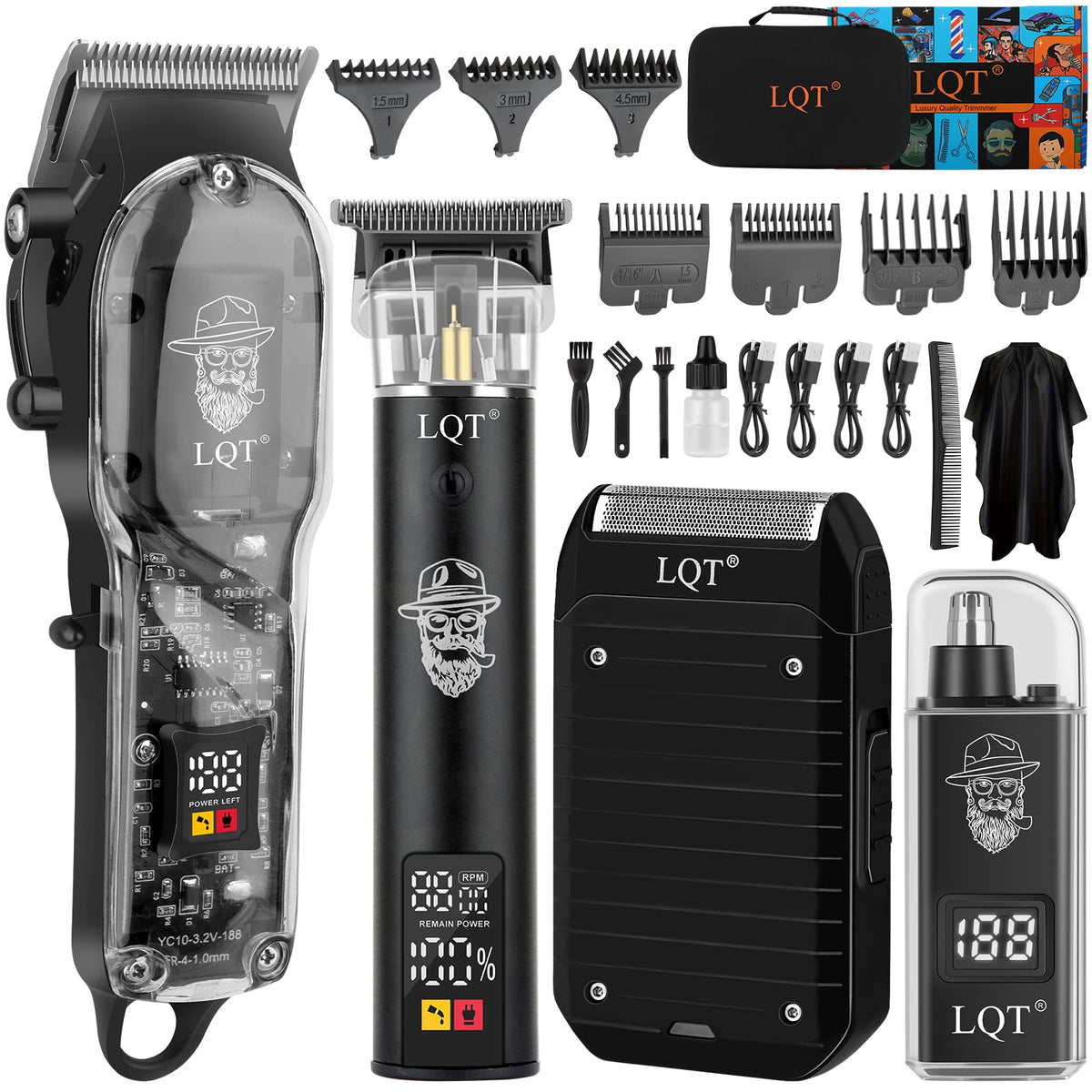 LQT professional barber kit clipper with transparent body for precise fades.