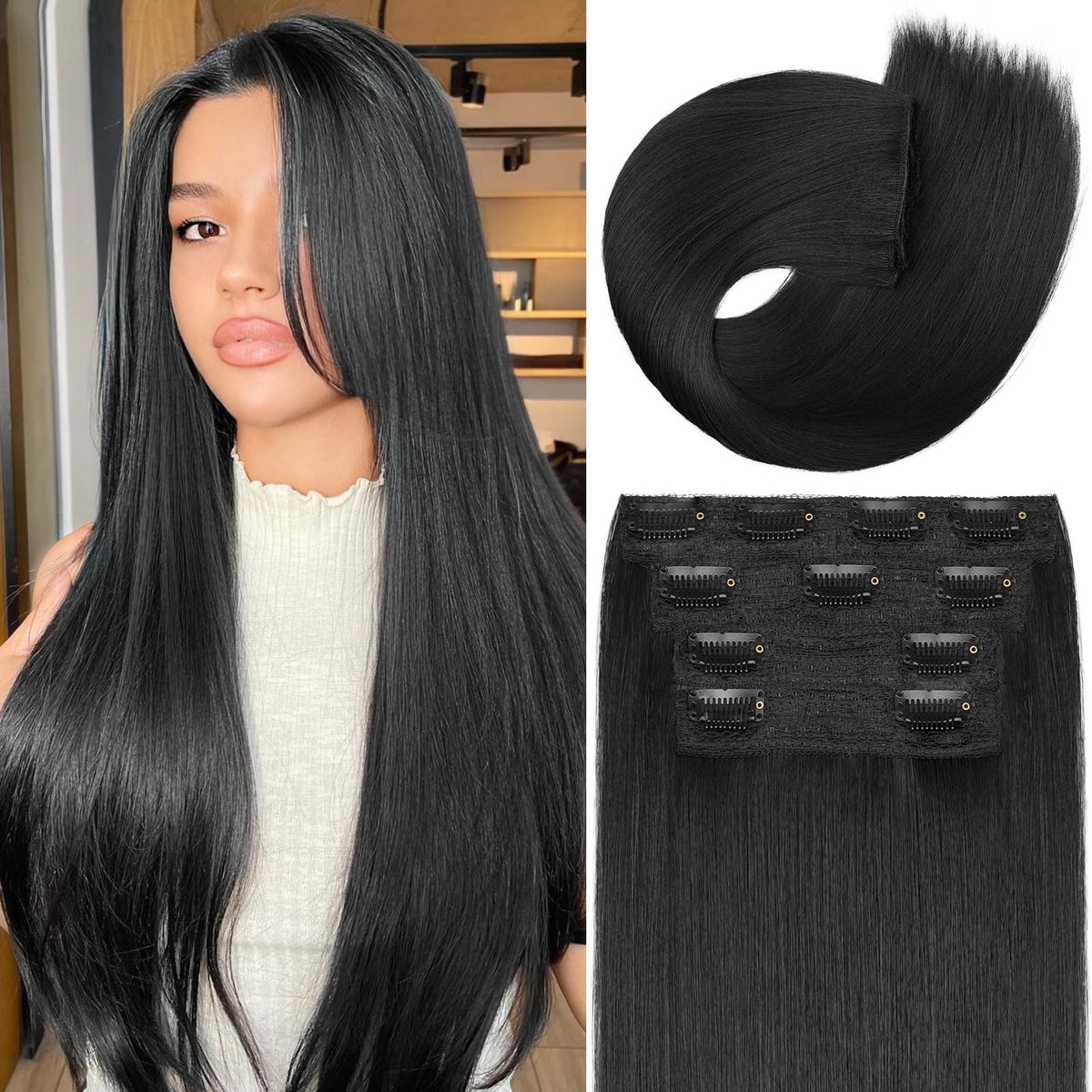 LRSICAL clip-in extensions in black long straight 22 inches for natural volume.