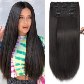 LRSICAL dark brown clip-in extensions showing natural length and subtle shine.