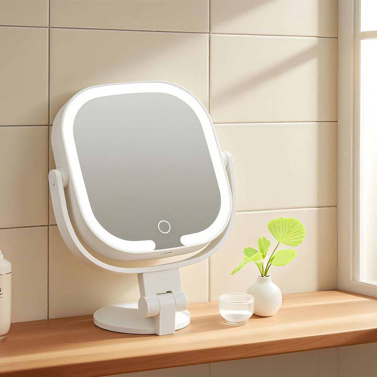 LSNDRG space-saving dressing area mirror frees counter space.