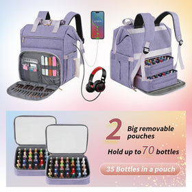 LTINVECK Nail Polish Organizer Backpack, 70-bottle capacity with labeled slots, clear organization.