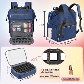 LTINVECK blue organizer with top compartments open, showing sponge slots for quick bottle access.