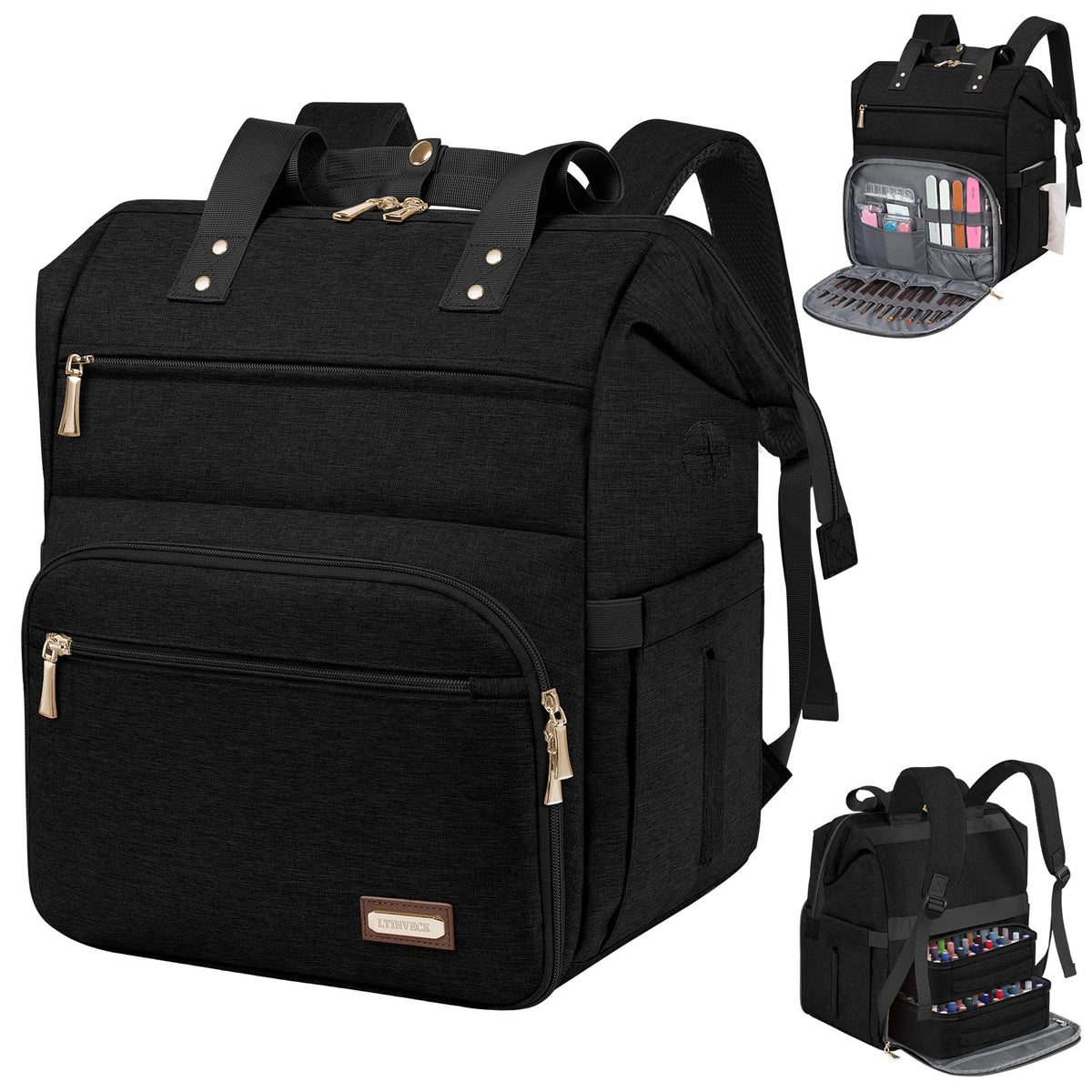 LTINVECK nail polish organizer backpack showing interior with 70 bottles for travel-ready manicures