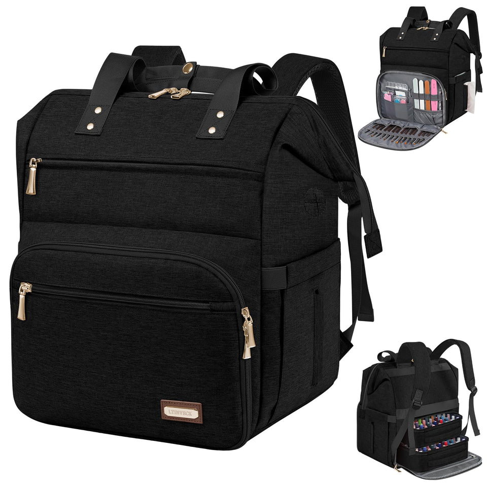 LTINVECK nail polish organizer backpack showing interior with 70 bottles for travel-ready manicures