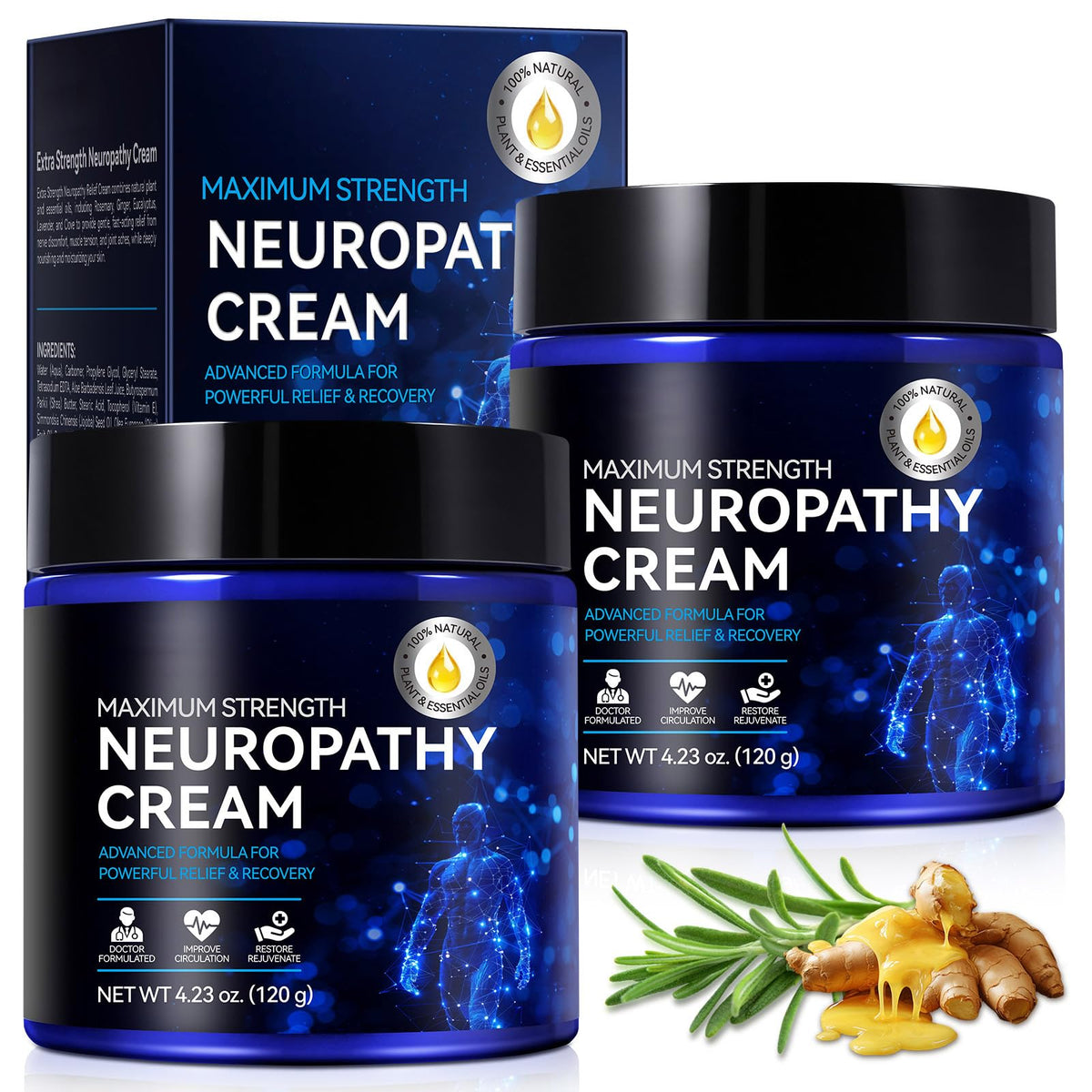 LTQXGT Nerve Relief Cream bottle highlighting fast absorption and natural ingredients.