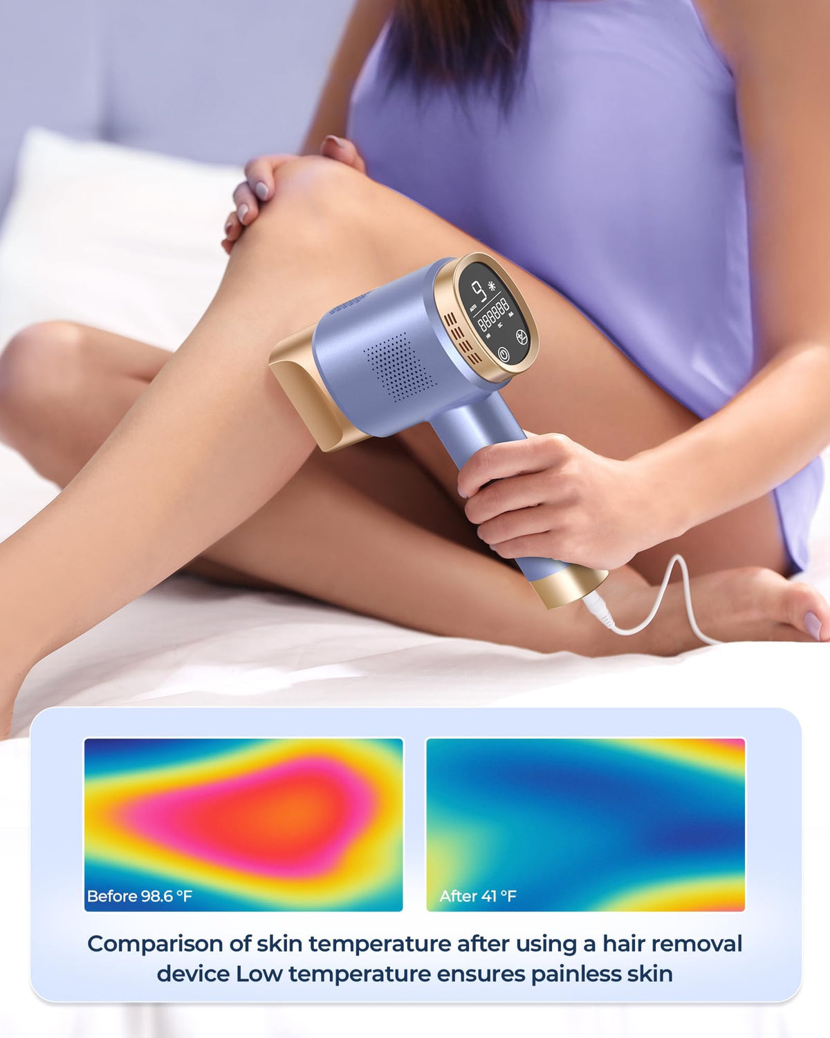 Device in skin contact during cooling for painless sessions.