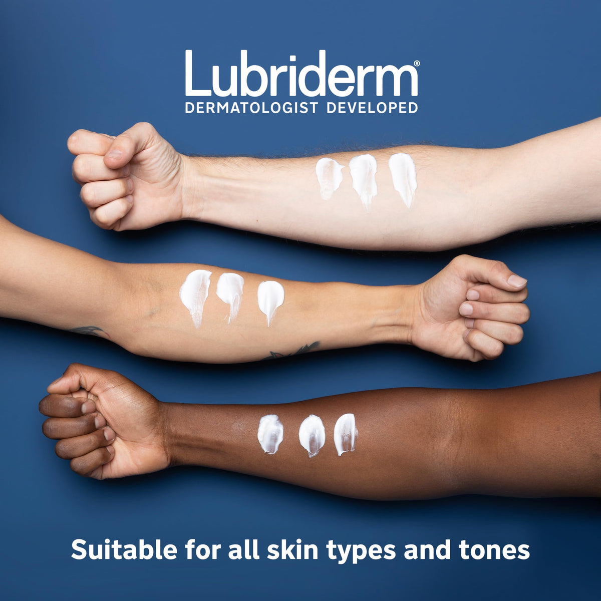 Bathroom shelf display featuring Lubriderm fragrance-free daily moisture lotion 3-pack.