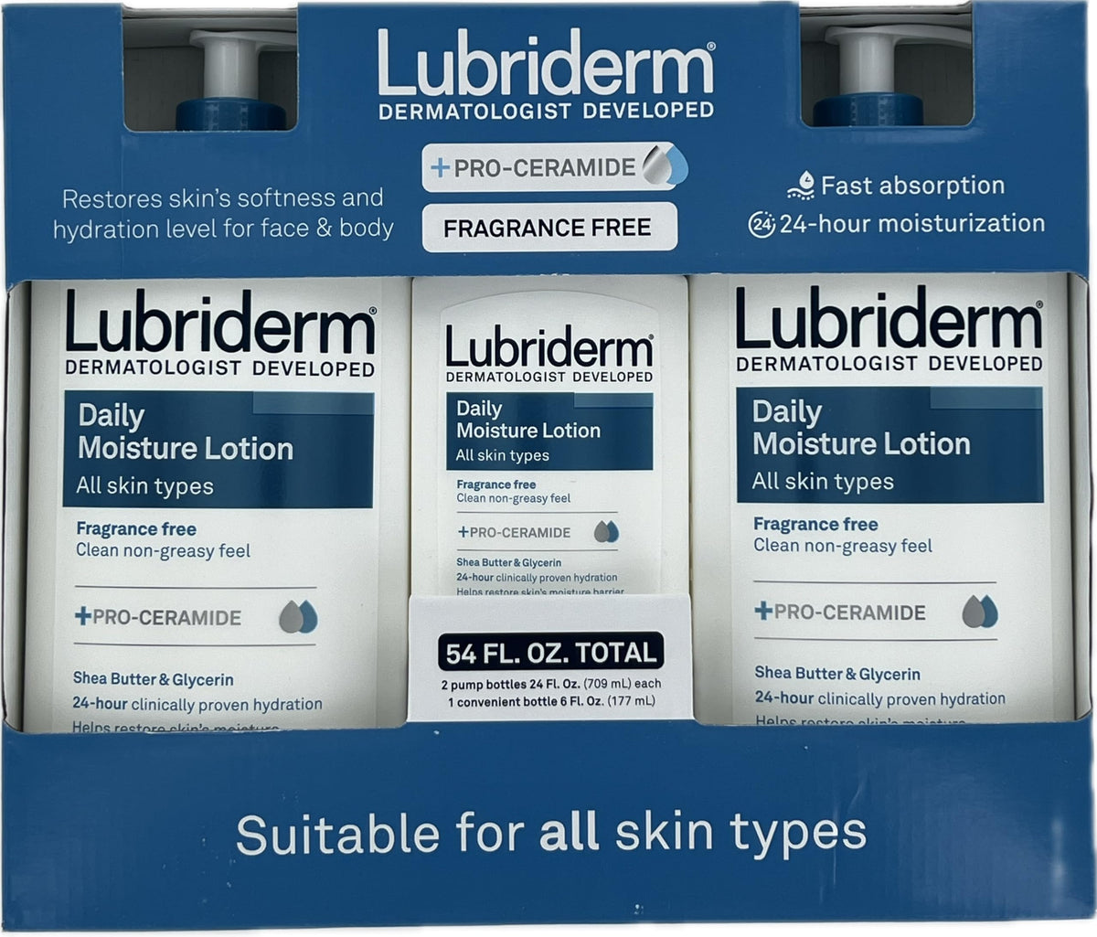 Lubriderm Daily Moisture Fragrance Free bottle for daily hydration with Vitamin B5.