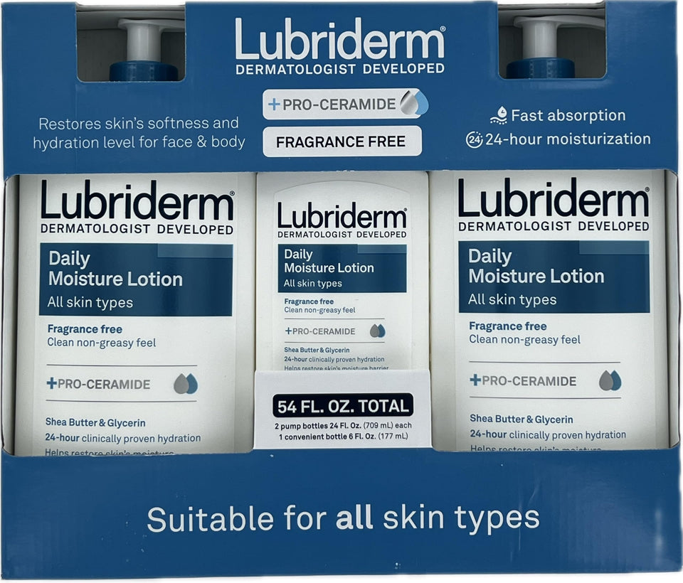 Lubriderm Daily Moisture Fragrance Free bottle for daily hydration with Vitamin B5.