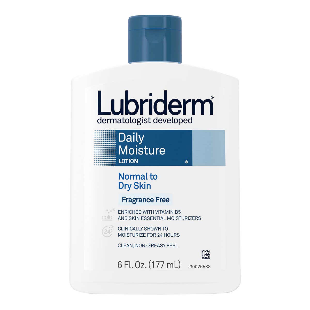 Lubriderm fragrance-free lotion applied to hands for soft, moisturized skin.