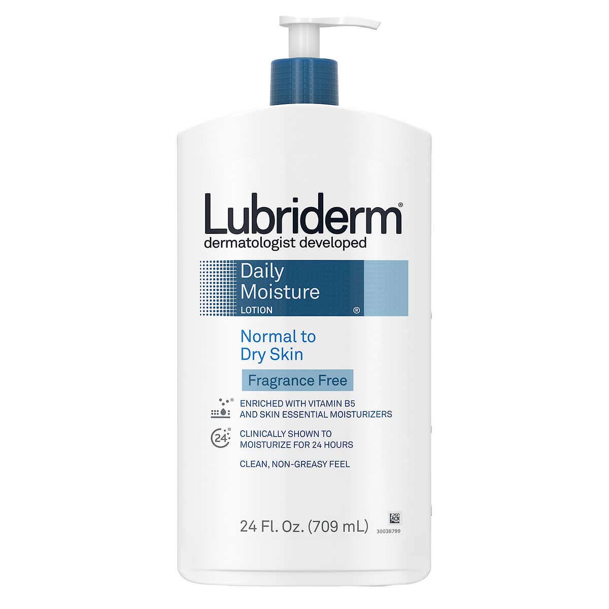 Display of Lubriderm 3-pack for convenient fragrance-free hydration.