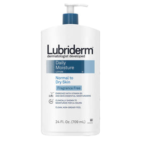 Display of Lubriderm 3-pack for convenient fragrance-free hydration.