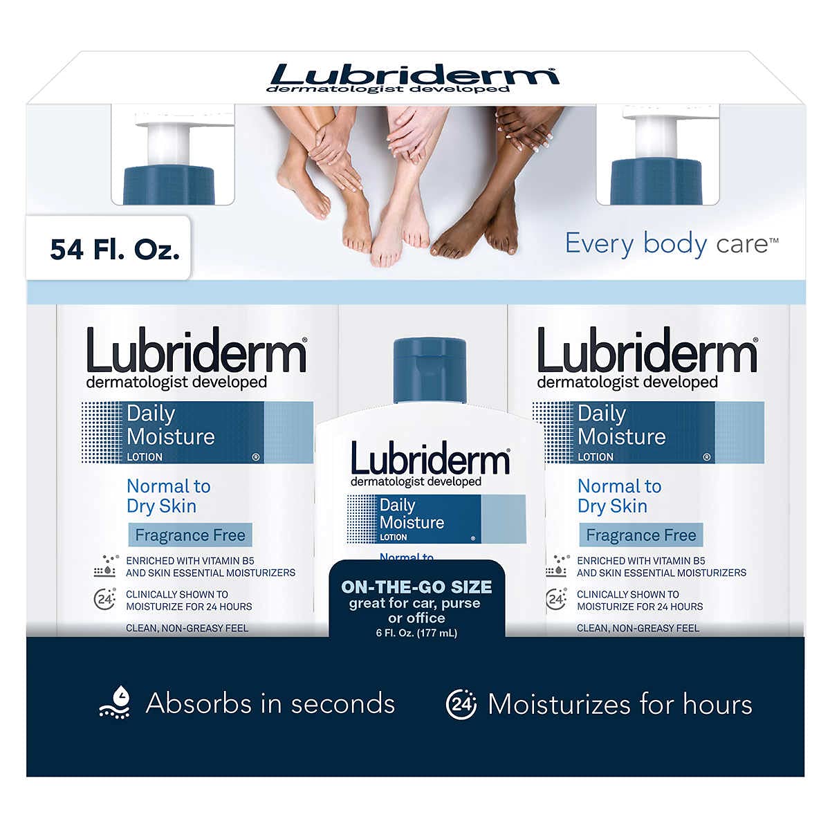 Lubriderm bottle close-up highlighting Vitamin B5 fortified formula for daily use.