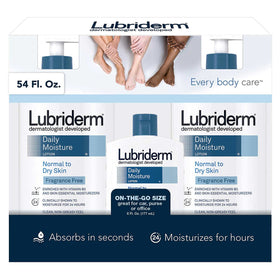 Lubriderm bottle close-up highlighting Vitamin B5 fortified formula for daily use.