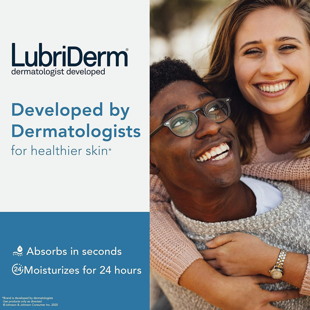 Hand applying Lubriderm lotion to demonstrate quick absorption.