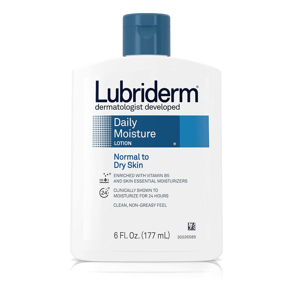 Lubriderm daily moisture lotion bottle aids daily hydration for normal to dry skin.