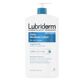 Lubriderm fragrance-free daily moisture lotion bottle for all-day hydration.