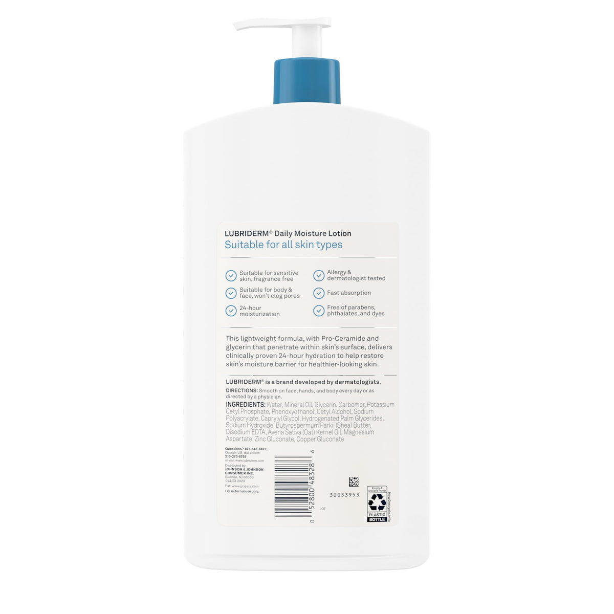 Pump-top Lubriderm bottle enabling easy, non-greasy daily hydration.