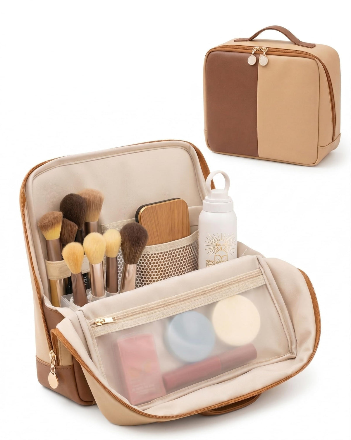 Luc Catherine large makeup bag with front fold-down tray for hands-free tutorials.
