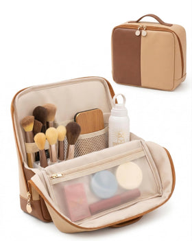 Luc Catherine large makeup bag with front fold-down tray for hands-free tutorials.