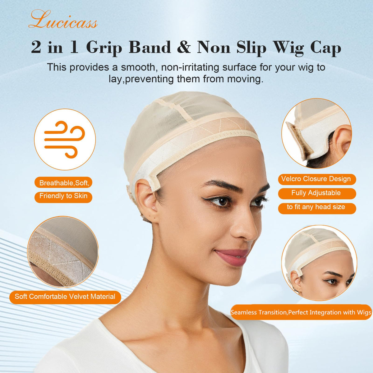 Lucicass anti-slip wig cap keeps lace front wigs in place during wear.