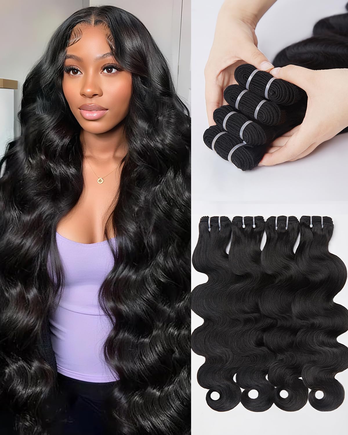 Lucklady 16A raw body wave bundle front view highlights natural shine and volume