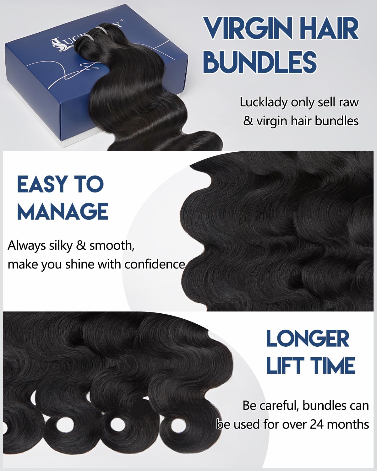 Lucklady 16A raw body wave bundle 20-inch front view highlights length and body