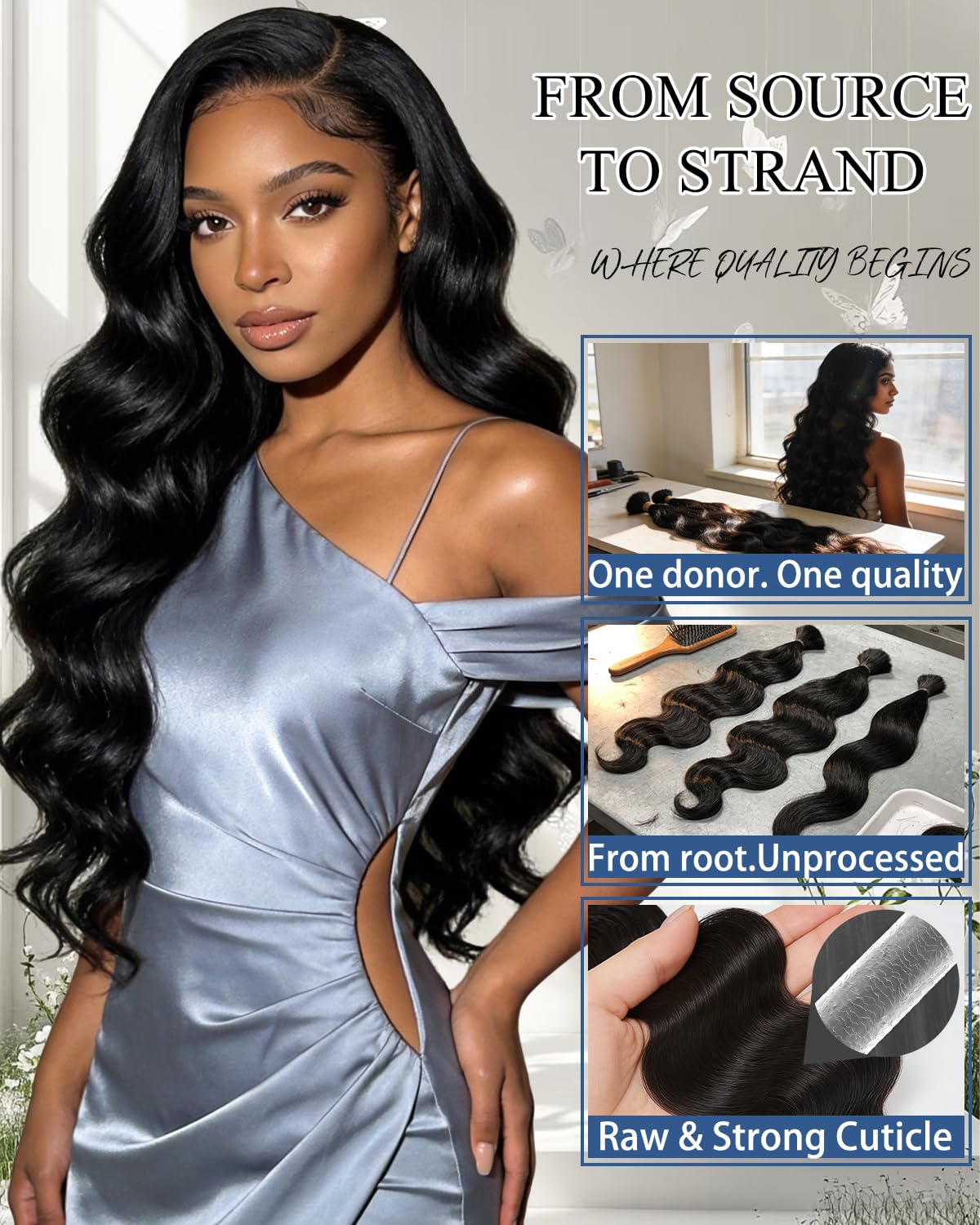 Lucklady 16A raw body wave bundle weft closeup shows tight, neat weave